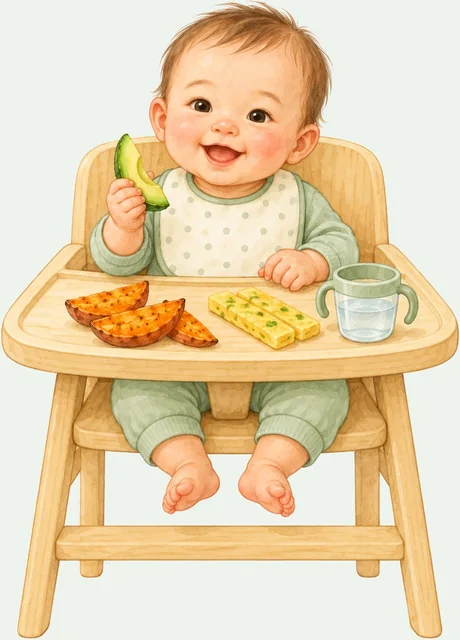Illustration of a smiling baby in a high chair holding a soft avocado spear
